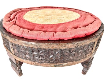 Vintage Indian Cushioned Stool Chair Wooden Brown Natural Wood Woven Stand Rest Seating Prop Tray Plinth circa 1980-1990's / EVE