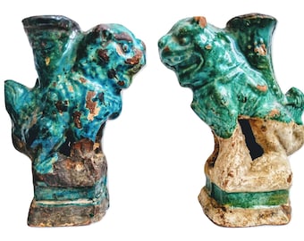 Antique Chinese Song Dynasty Foo Dog Aqua Green Holders Pair With Ornate Decor Showcase Mantlepiece c1200's / EVE de France