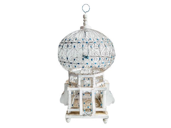 Vintage Marocain Blanc Bleu Bois Métal Song Cage Viviary Collector Keeper Historique Prop Decor Trad