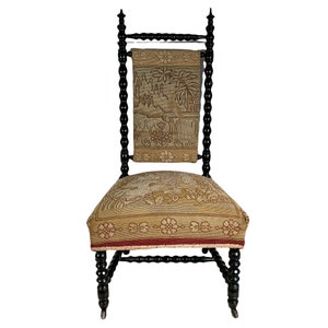 Antique French Wooden Brown Red Cross Stitch Padded Cushioned Natural Wood Chair Stand Display Rest Plinth Seating Prop c1900&#39;s / EVE