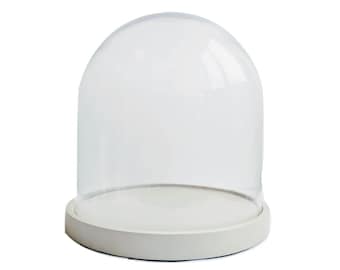 May include: A clear glass dome with a white wooden base. The dome is perfect for displaying small objects or plants.
