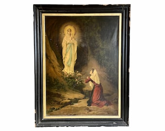 Antique French Large Framed Immaculate Conception Religious Church Catholic Nunnery Monastery Print Frame Wall Decor c1910&#39;s / EVE