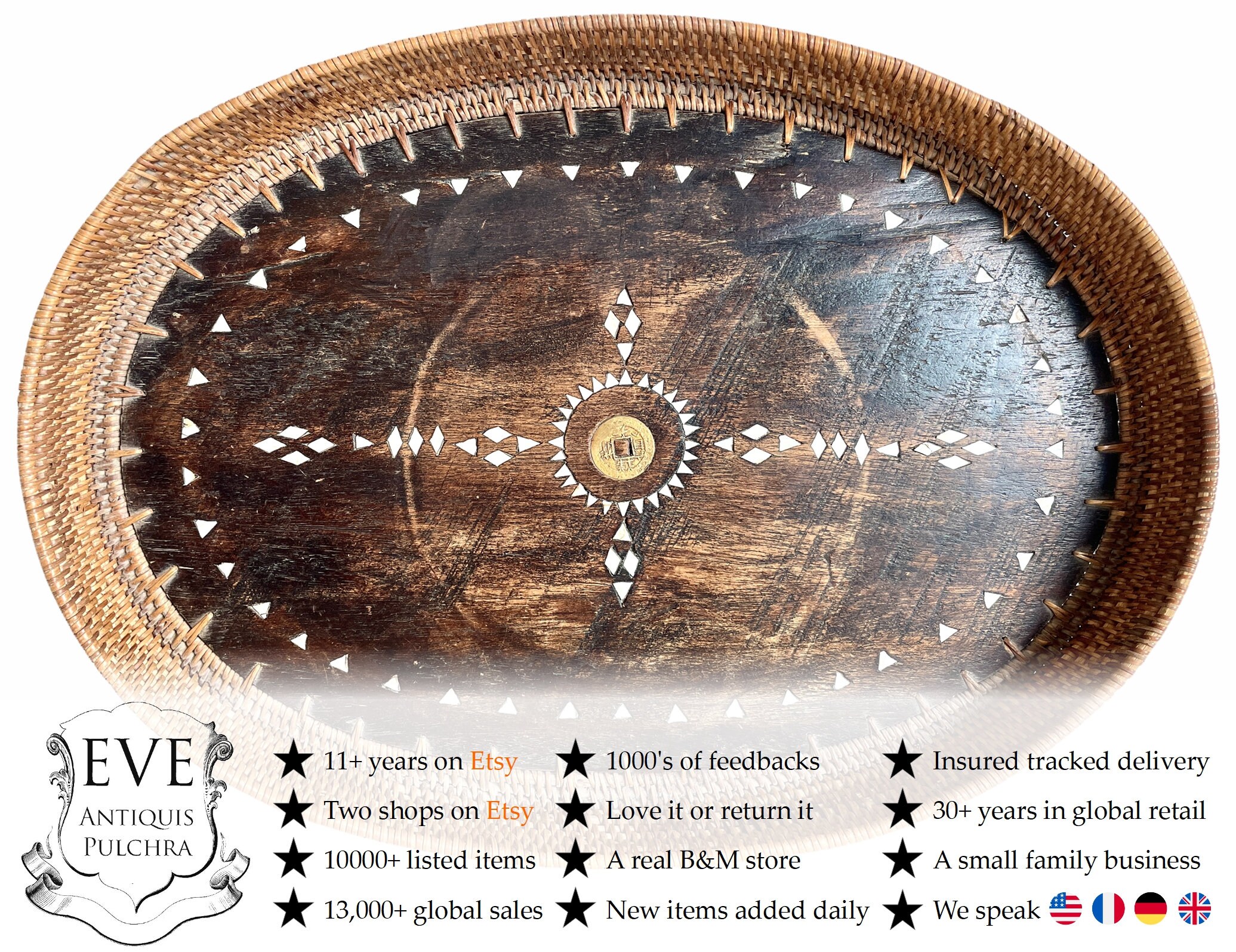 Vintage Asiatique Tissé Rotin Os Coquille Décorée Ornatement Servant Lap Dinner Tray Manipulé Pièce 