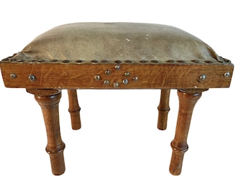 Vintage French Leather Cushion Topped Padded Wooden Brown Natural Wood Small Foot Stool Chair Display Rest Seating c1950-1960's / EVE