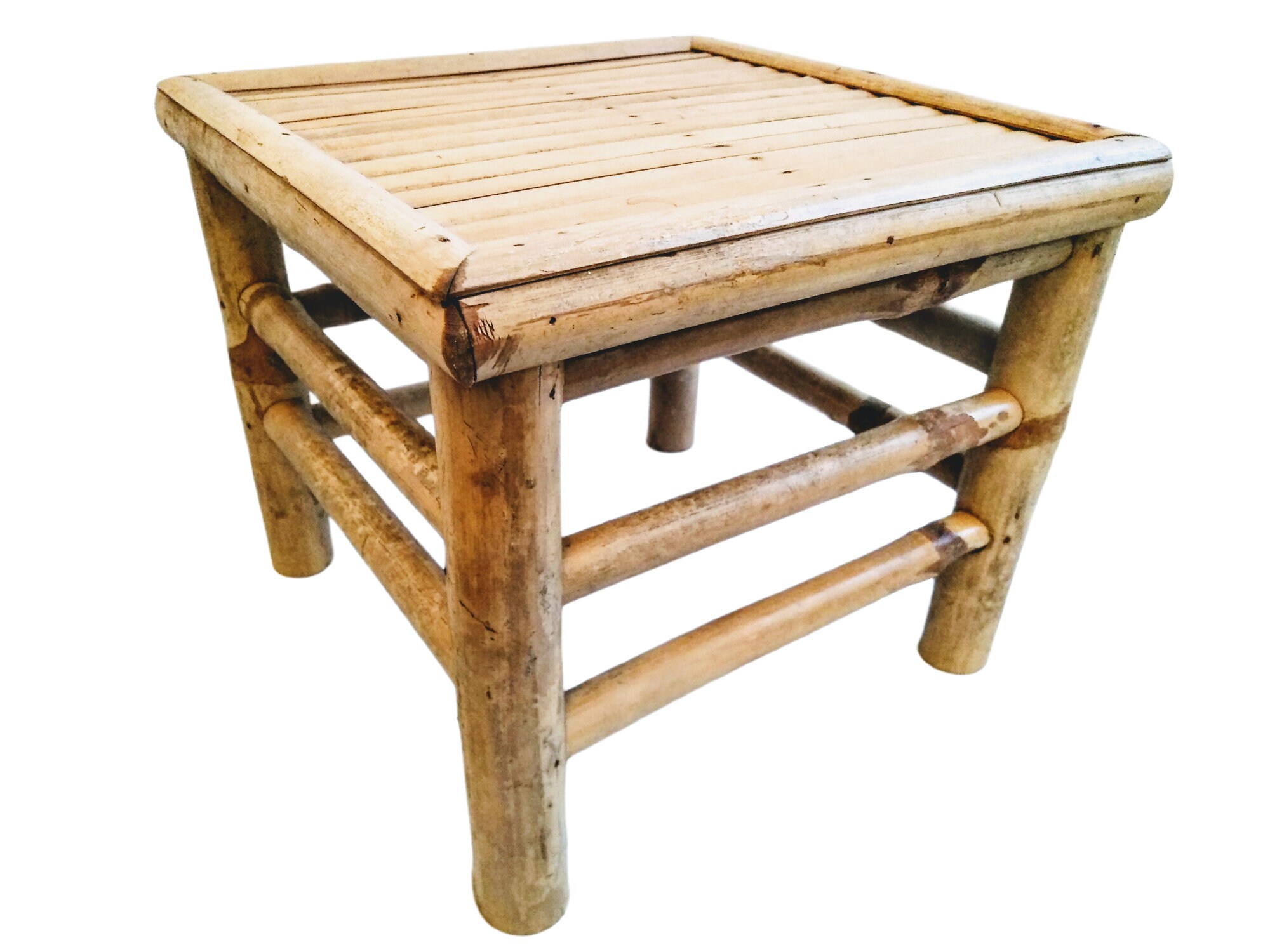 Vintage Thai Wooden Brown Wood Small Cane Table Plant Stand Display Rest Plinth Seating Prop Taboure