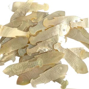Antique Chinese Large Mother Of Pearl Fish Shaped Hand Engraved Gaming Chip Counter Token Love Doves PRICED INDIVIDUALLY c1800-1850&#39;s / EVE