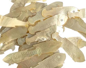 Antique Chinese Large Mother Of Pearl Fish Shaped Hand Engraved Gaming Chip Counter Token Love Doves PRICED INDIVIDUALLY c1800-1850&#39;s / EVE