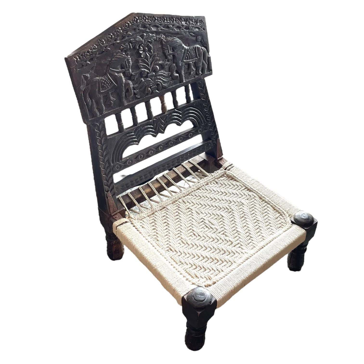 Chaise Pliante Indienne Vintage Pour Mariage, En Bois Naturel Marron, Avec Assise Tressée Corde. Tabouret, Repose-Pieds, Accessoire De Siège, Circa