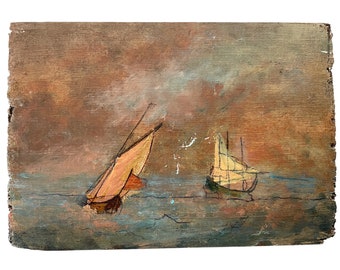 Antique French Sailing Boats "Big Seas" Oil Painting On Wood Board Wall Decor Decoration c1910's / EVE