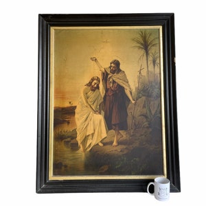 Antique French Large Framed John Baptism Christ Religious Church Chapel Catholic Nunnery Monastery Print Wooden Frame c1910&#39;s / EVE