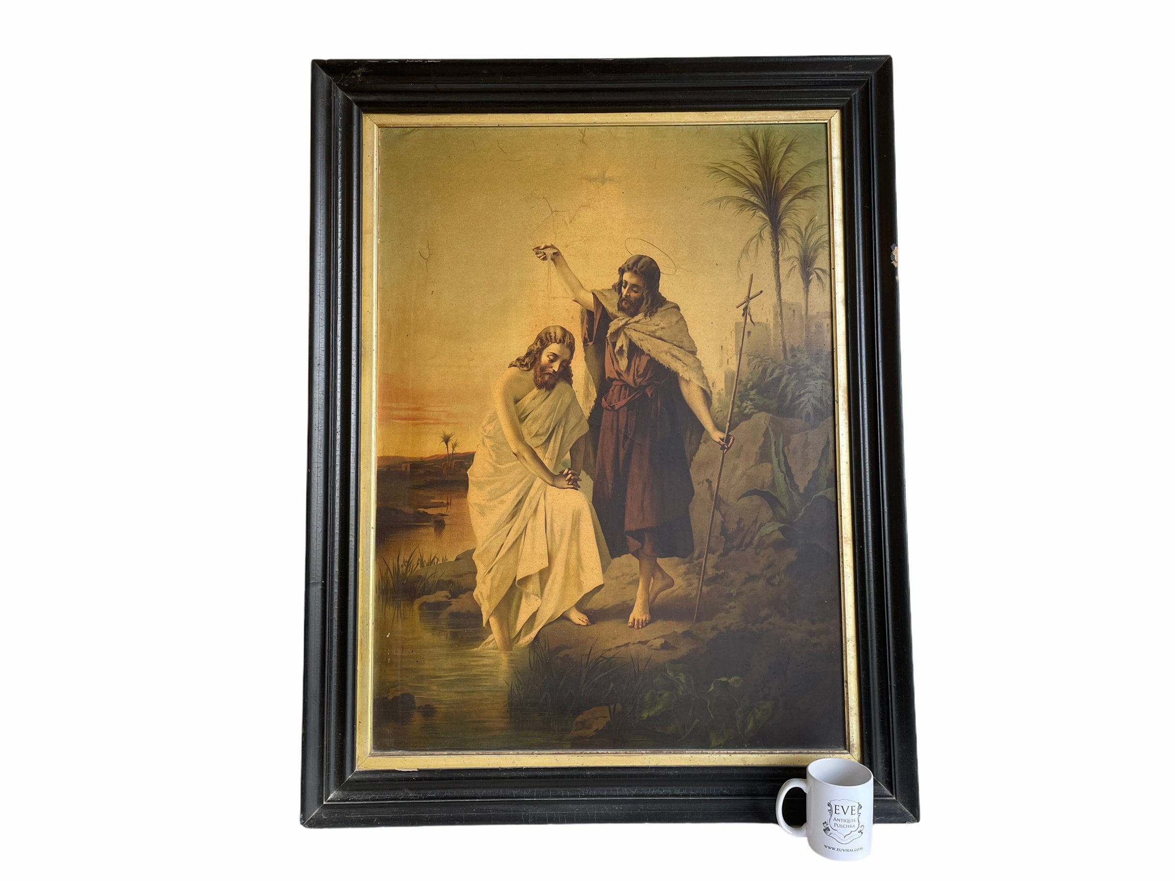 Antique French Large Framed John Baptism Christ Religious Church Chapel Catholic Nunnery Monastery Print Wooden Frame c1910's / EVE