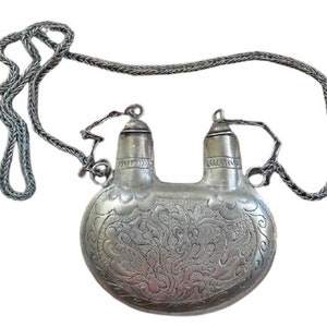 Antique Miao Chinese Hill Tribe Silver Mix Metal Dragon Themed Flask Potion Necklace Tribal Jewellery Jewelry circa 1910&#39;s / EVE de France