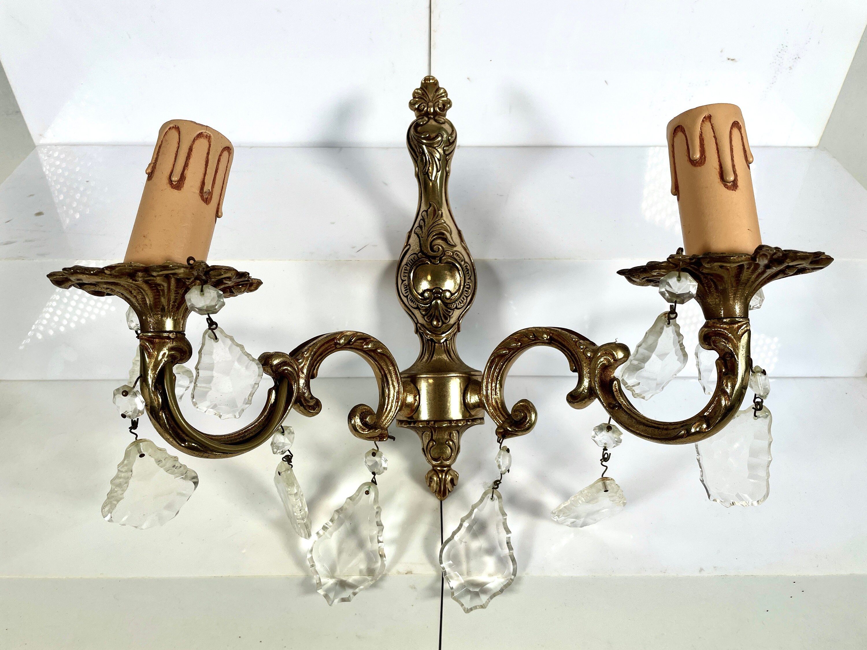 Sconces EVE de France Vintage French Pair Brass Bronze Glass Wall Hanging Electric Light Lantern