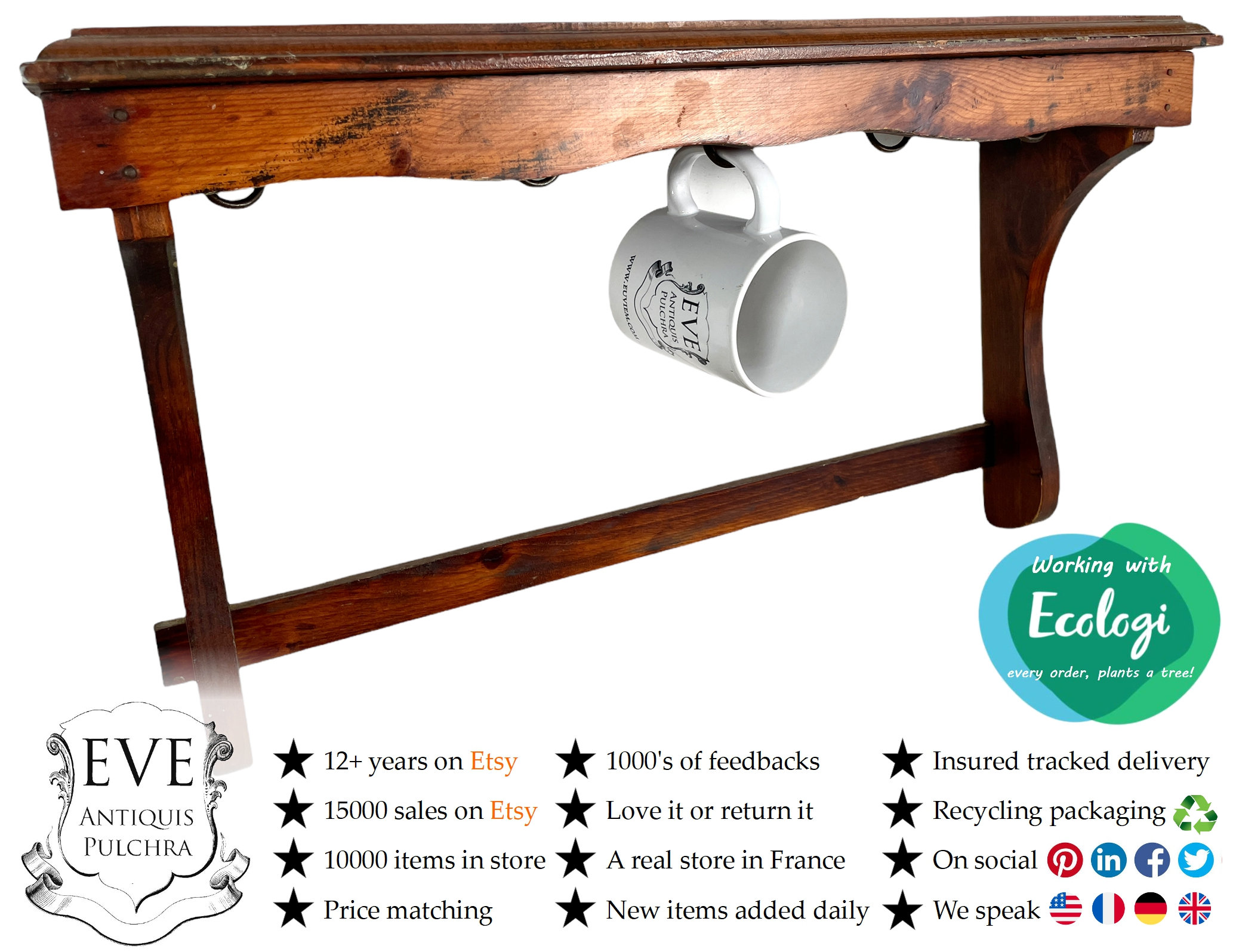 Vintage Français Bois Marron Naturel Mur Fixation Pot Casserole Cintre Cuisine Étagère Support C1970