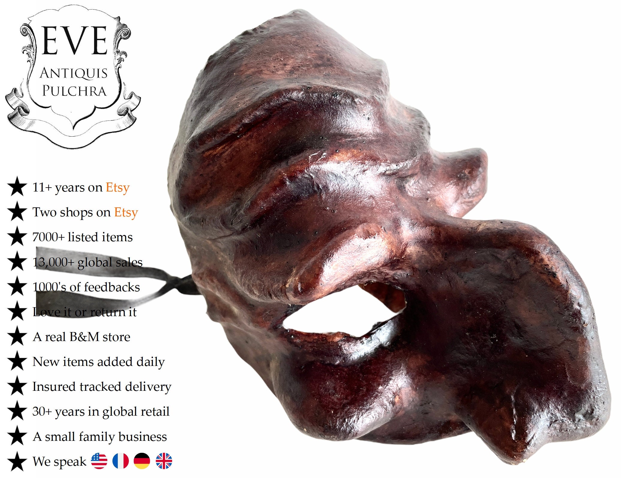 Vintage Venetian Cuir Costume Masque Mural Décor Complexe Sculpté Statue Sculpture Formé Déguisement