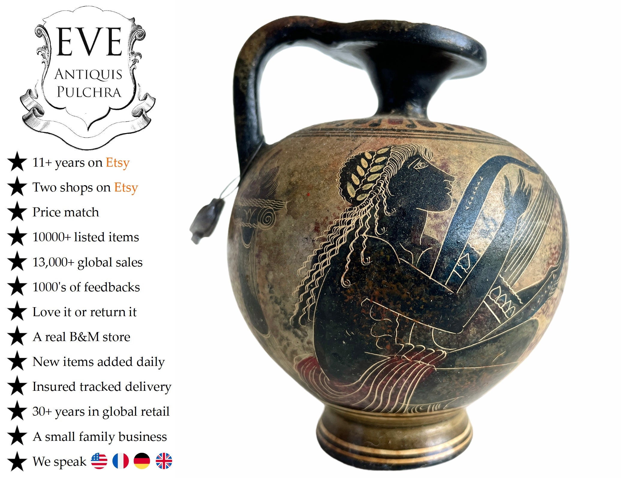 Vintage Grec Terre Cuite Noir et Sable Petit Vin d'eau Flacon Vase Carafe Ornement Décor Fait Main D