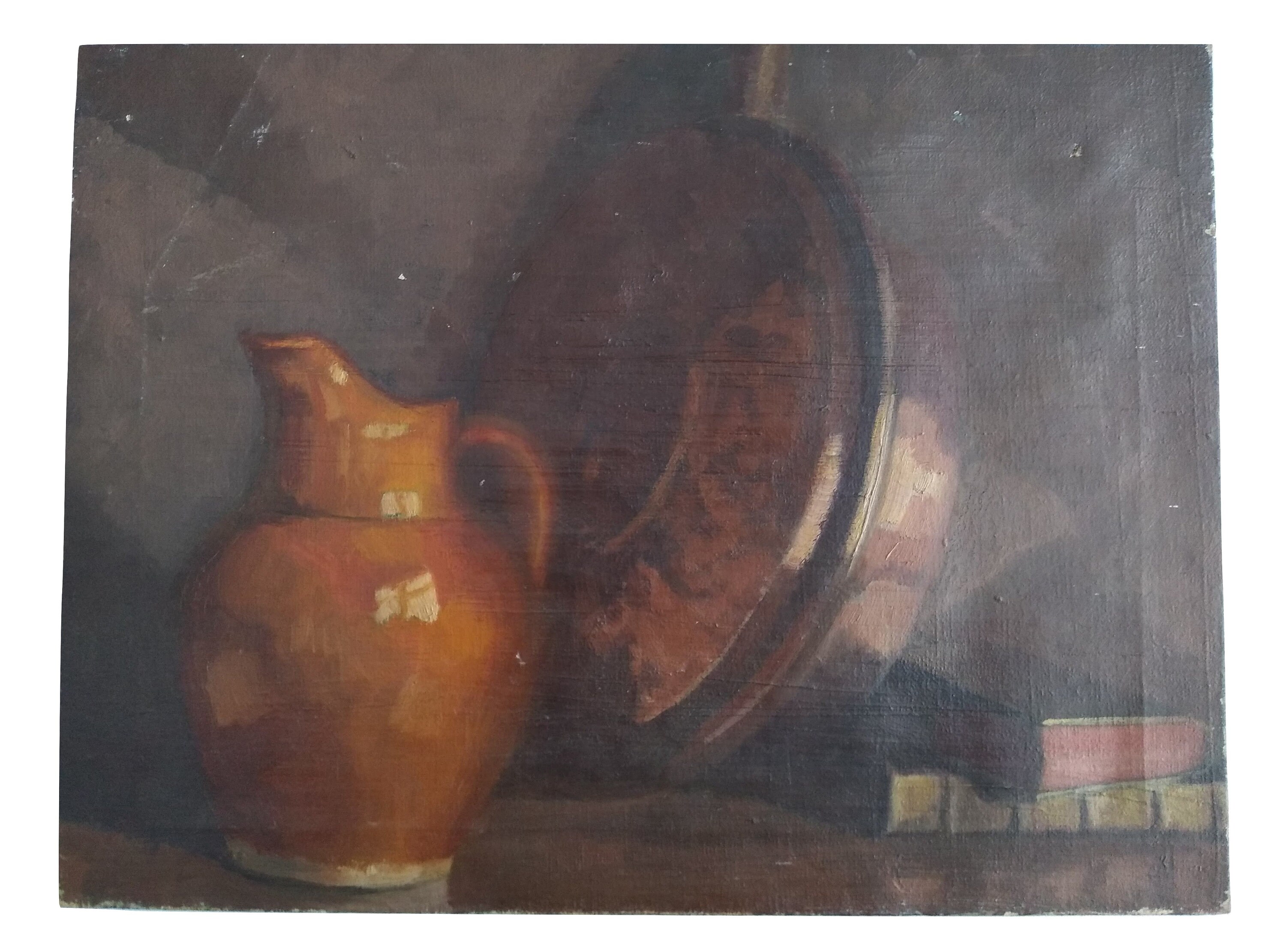 Antique English Still Life Jug Copper Pan Books Peinture à L'huile sur Toile Estampillé Windsor &new