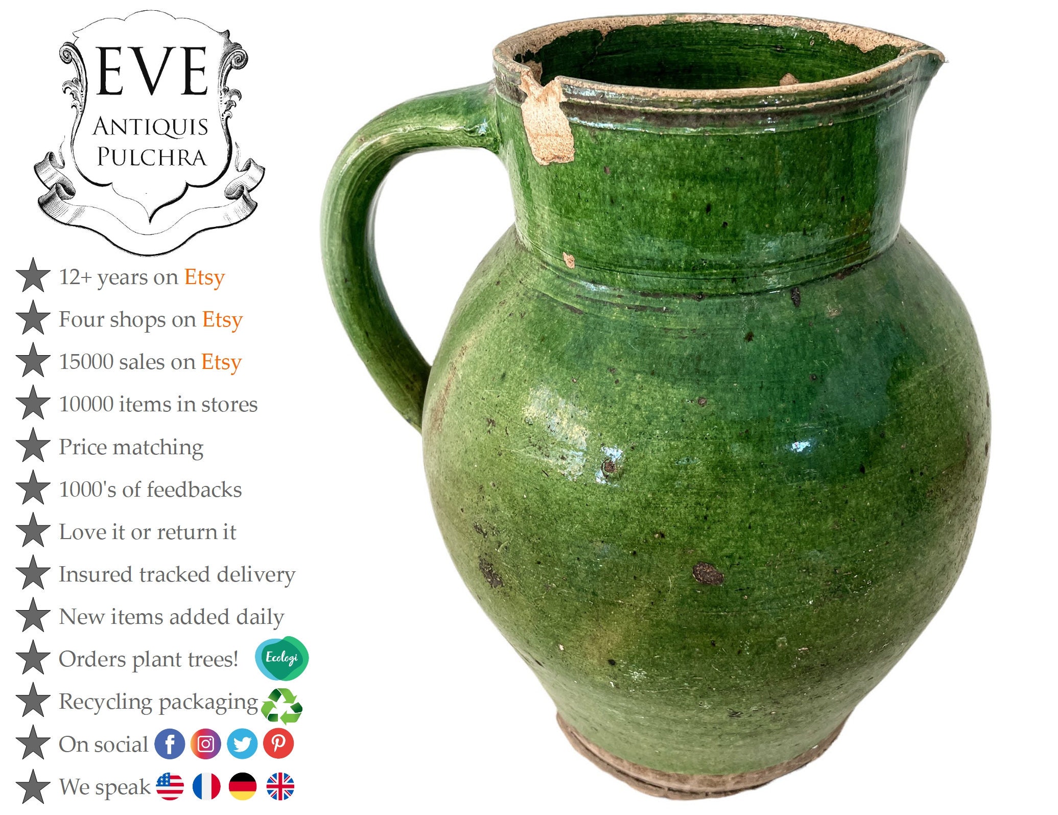 Antique French Large Green Glazed Stoneware Pottery Jug Pitcher  