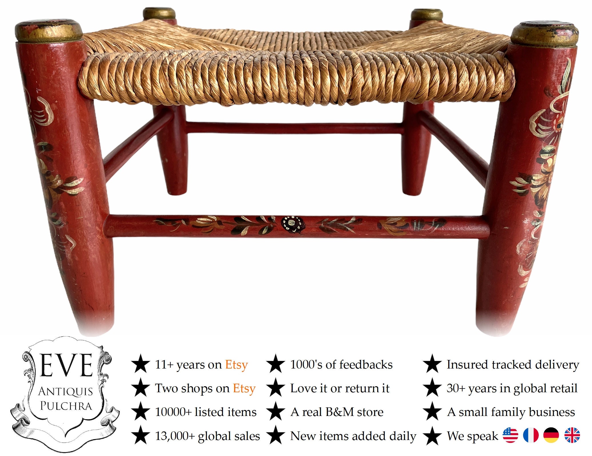 Tabouret Vintage en Rotin Français Bois Osier Marron Bois Tissé Raffia Bas Petite Chaise Ficelle Tis