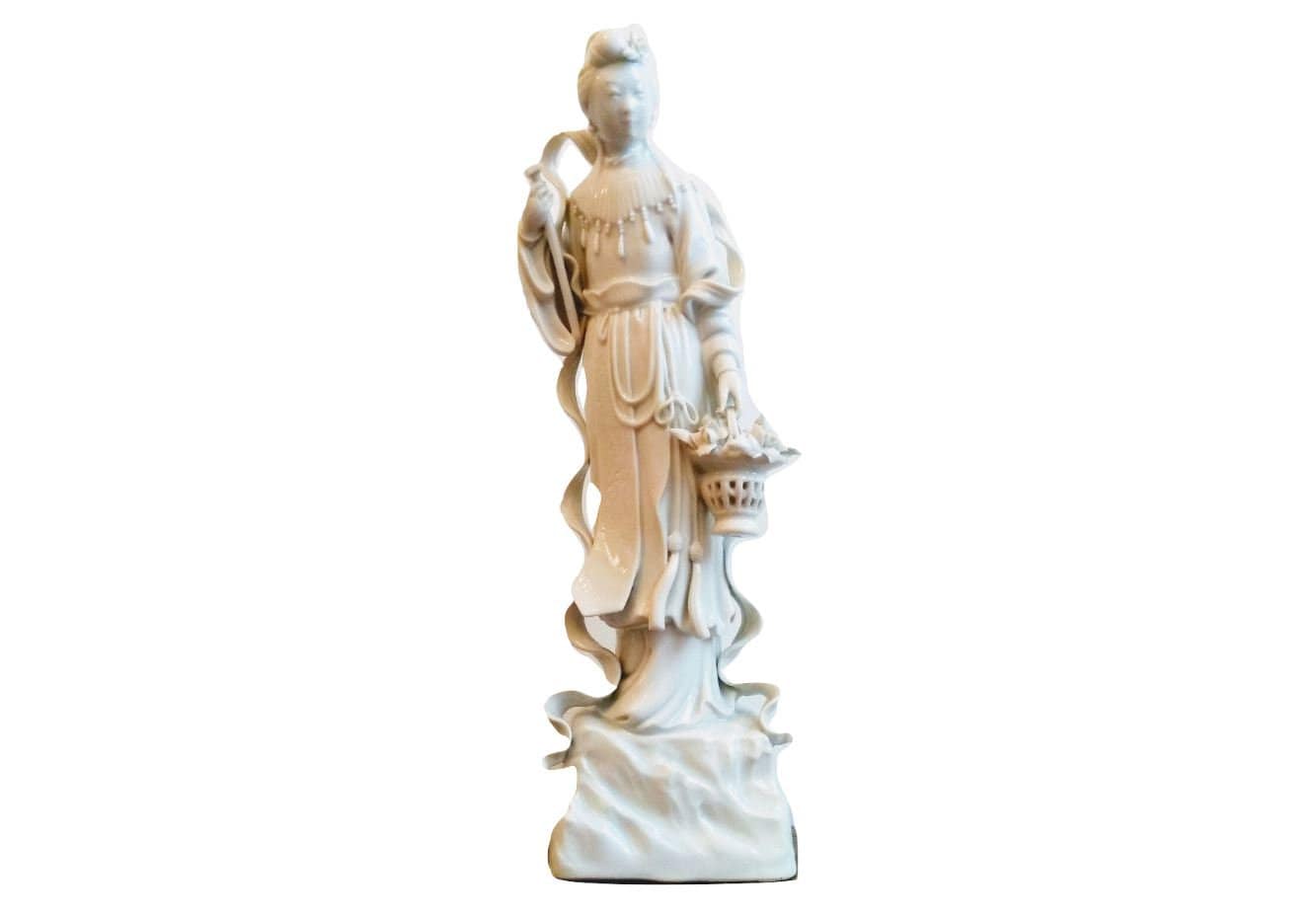 Antique Chinois Blanc Chine Dame Fleur Panier Jardinier Châle Figurine de Statue Orientale Ornement 