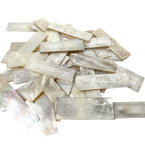 Antique Chinese Mother Of Pearl Collection Job Lot x 37 Mixed Rectangular Gaming Chips Counters Tokens Hand Engraved circa 1800-1850&#39;s / EVE