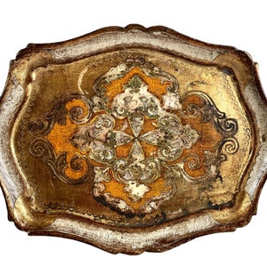 Vintage Italian Florentine Florence Gold Yellow Wood Ornately Decorated Small Serving Tray Trivet Stand Dish Decoration c1920-30&#39;s / EVE
