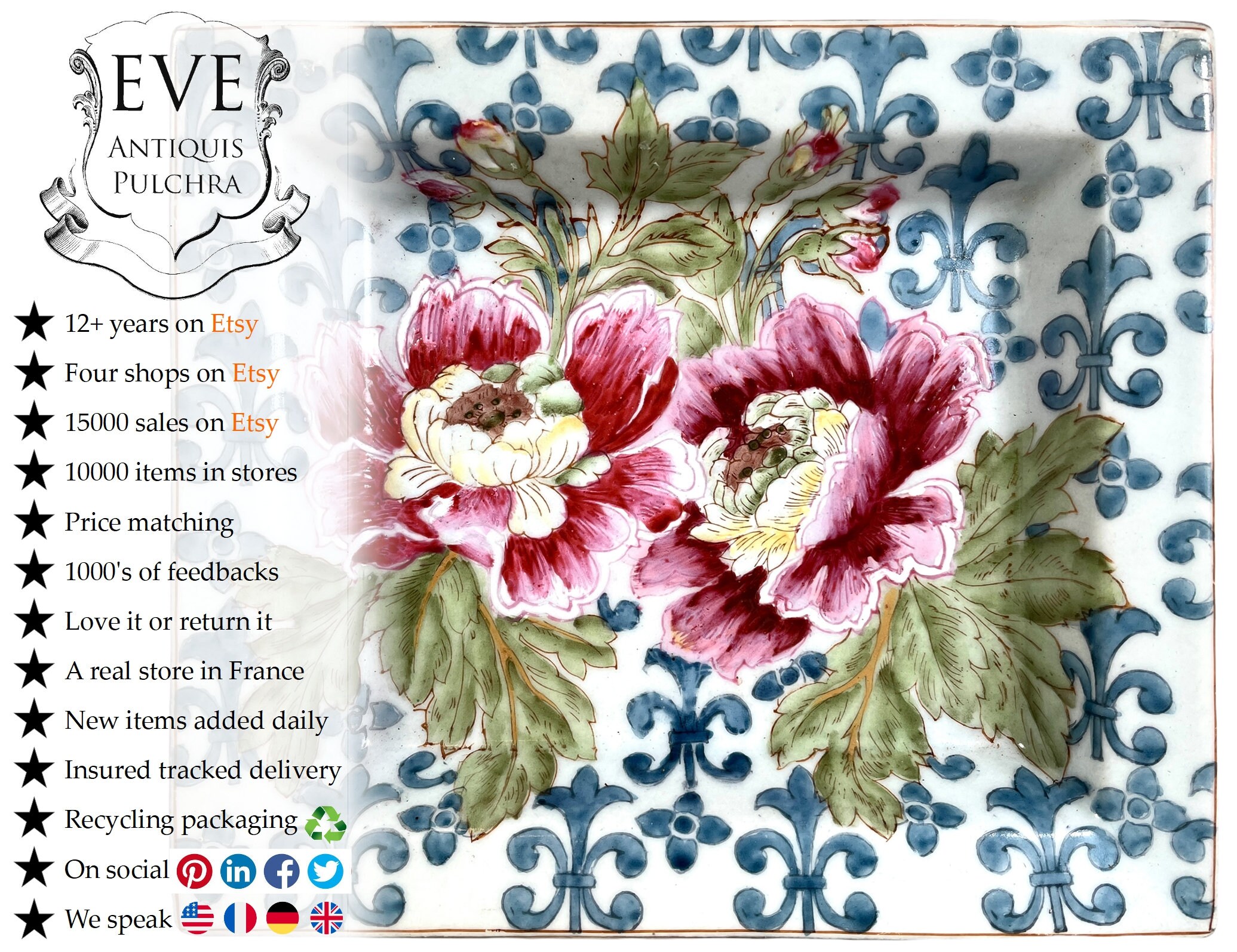 Vintage Français Blue Green Ceramic Bowl Dish Plate Saucer Catch All Trinket Bijoux Fleurs Roses Ver