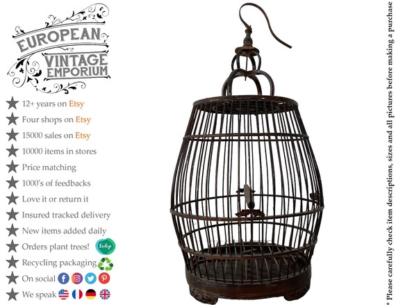 Hanging Bird Cage - RARE 1950s Aviary Wood and Brass Cage