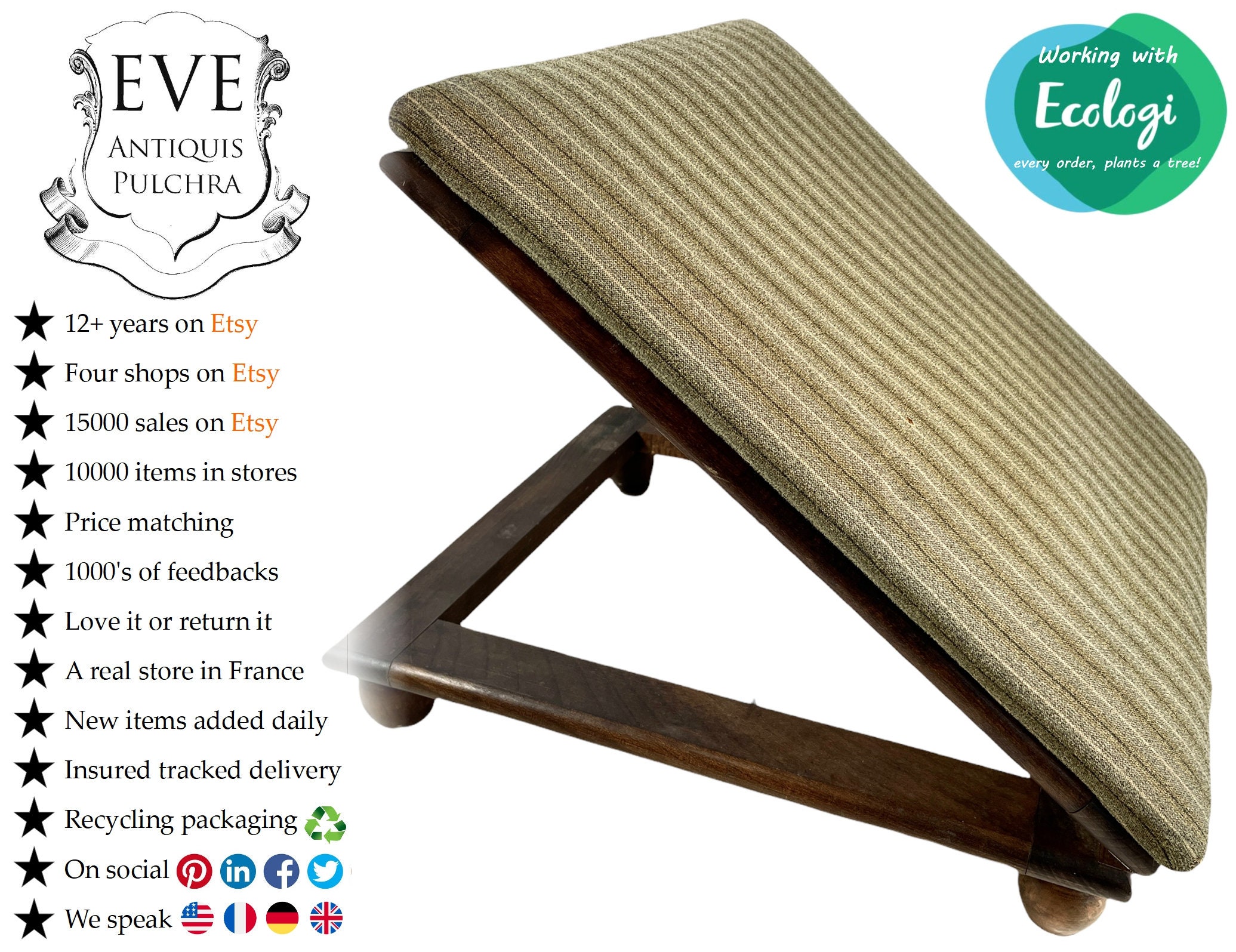 Vintage Français Bois Marron Beige Tissu Couvert Repose-Pieds Réglable Support Natural Wood Rest Pro