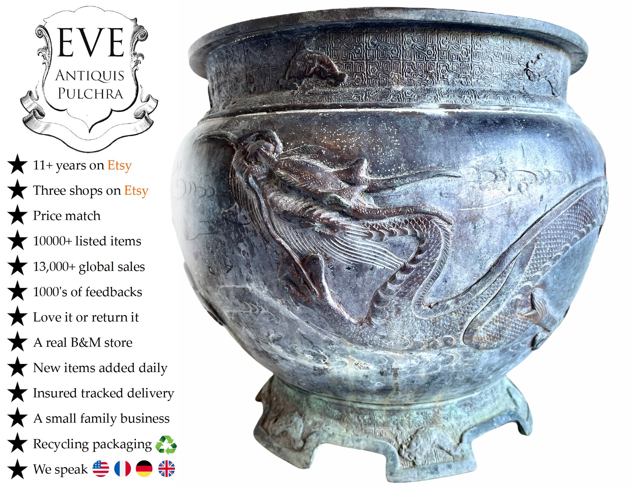 Antique Chinois Grand Pot Vase Planter avec Ornate Dragon Decor Stockage Affichage Centre Endommagé 