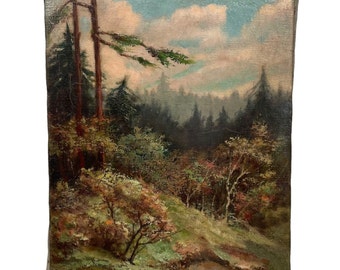 Vintage French Trees Tree Woodland Field Border Hedgerow Mountains Oil Painting On Canvas circa 1950's / EVE