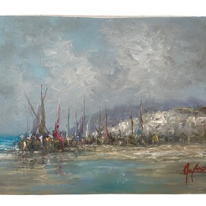 Vintage Italian Coastal Sailing Fishing Boats Painting Oil Skyline Marina Harbour Cliffs Coast On Canvas Mafonso circa 1980&#39;s / EVE