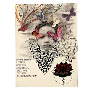 Mixed Media Love Yourself Black with Girl Lady Woman Queen Wife Butterfly Lotus Art Creative Painting Wall Art Collage c2000&#39;s / EVE