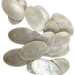 Antique Chinese Mother Of Pearl Oval Lotus Flower Monogram Initialed Gaming Chip SOLD INDIVIDUALLY Counters Tokens c1800-1850&#39;s / EVE