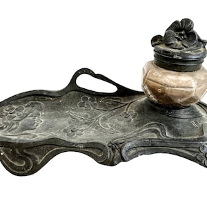 Antique French Cast Pewter Spelter Pen Pencil Ink Stand Rest Display Wooden Wood Desk Tidy Organiser Signed R. Elias circa 1910-20&#39;s / EVE
