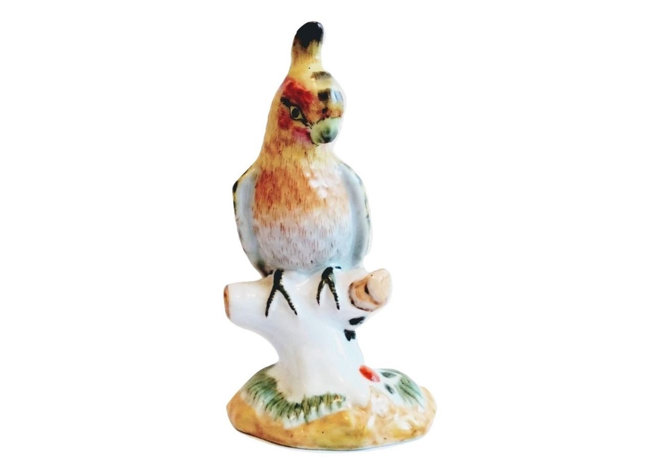 Vintage Français Céramique Coloré Oiseau Figurine sur Branche Ornement Perroquet Décor Design Animal