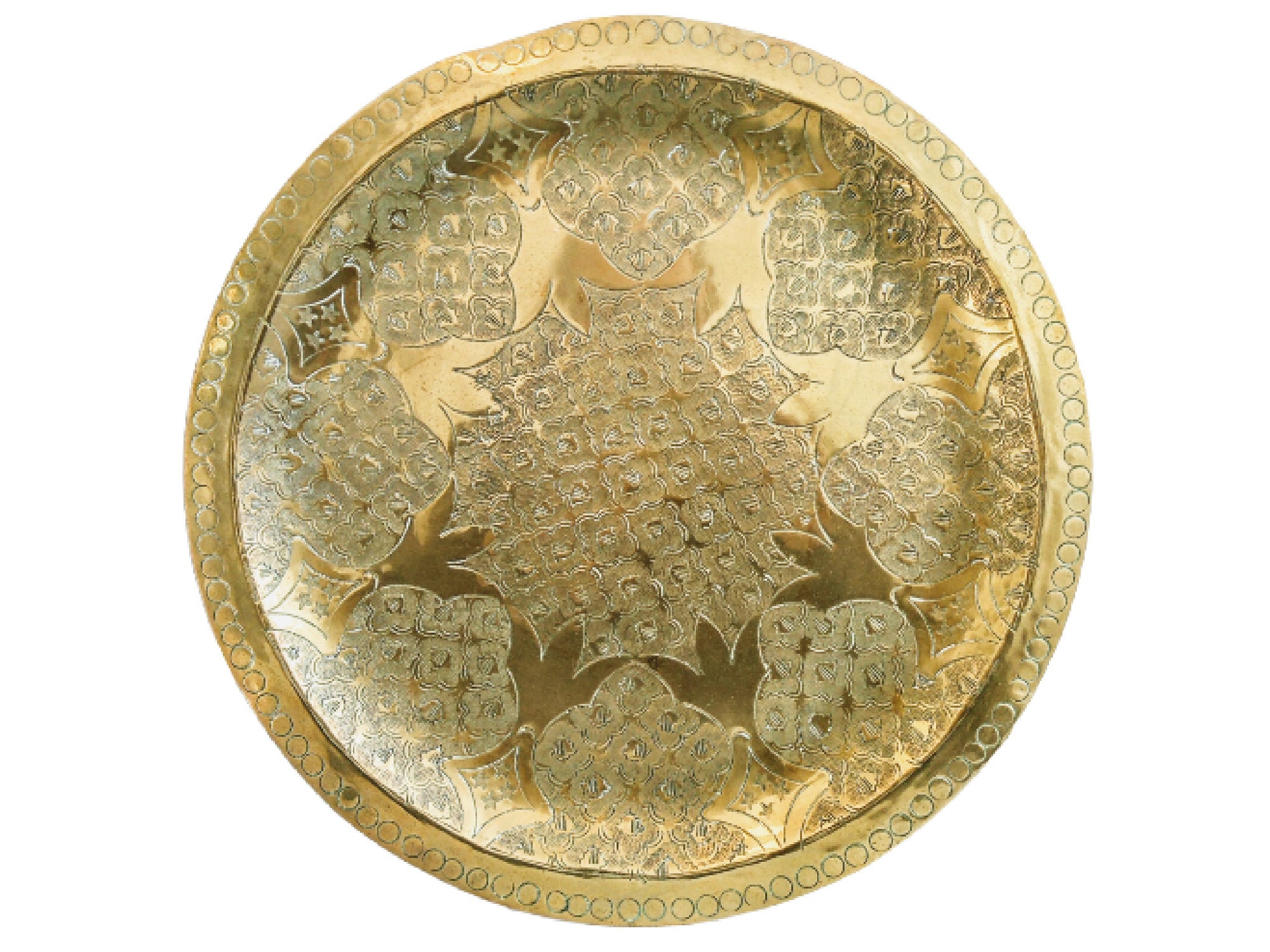 Vintage Marocain Arabe Moyen-Orient Brass Metal Circular Plate Tray Dish Bowl Platter Decorative Tab
