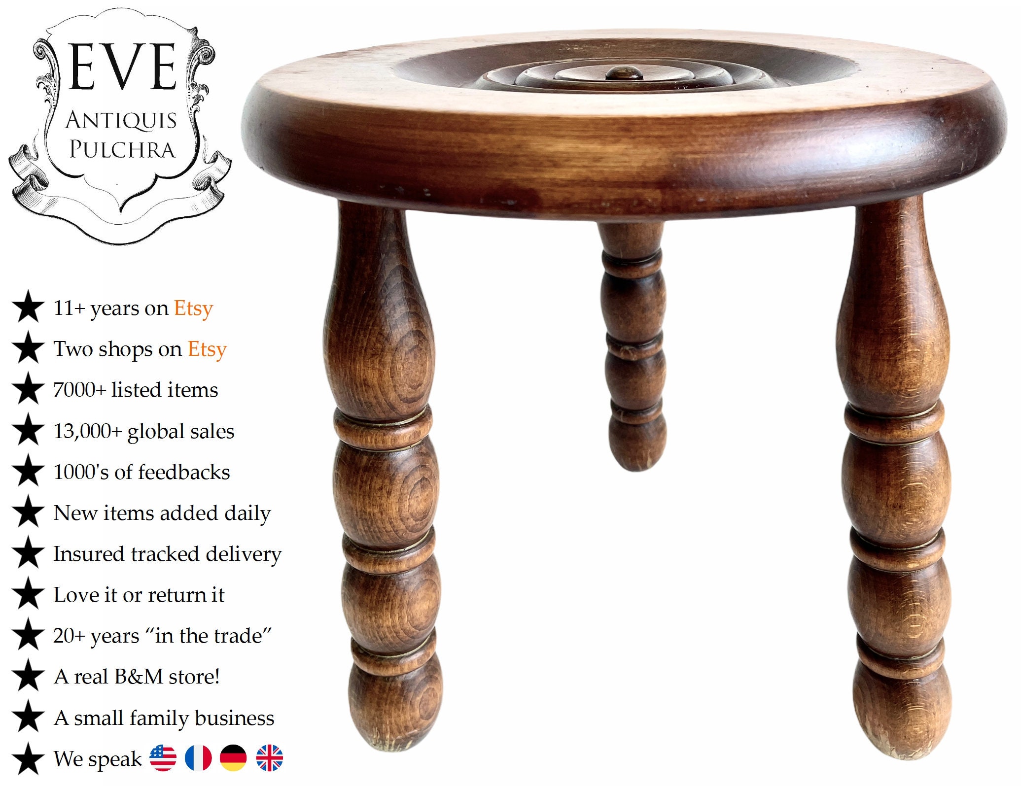 Vintage Français Bobbin Tourné Tabouret de Traite Traditionnel Bois Marron Petite Chaise Stand Affic