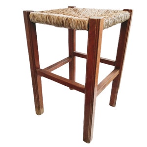 Vintage French Stool Wooden Brown Natural Wood Woven String Chair Stand Display Rest Plinth Seating Prop Tabouret circa 1960-1970&#39;s / EVE