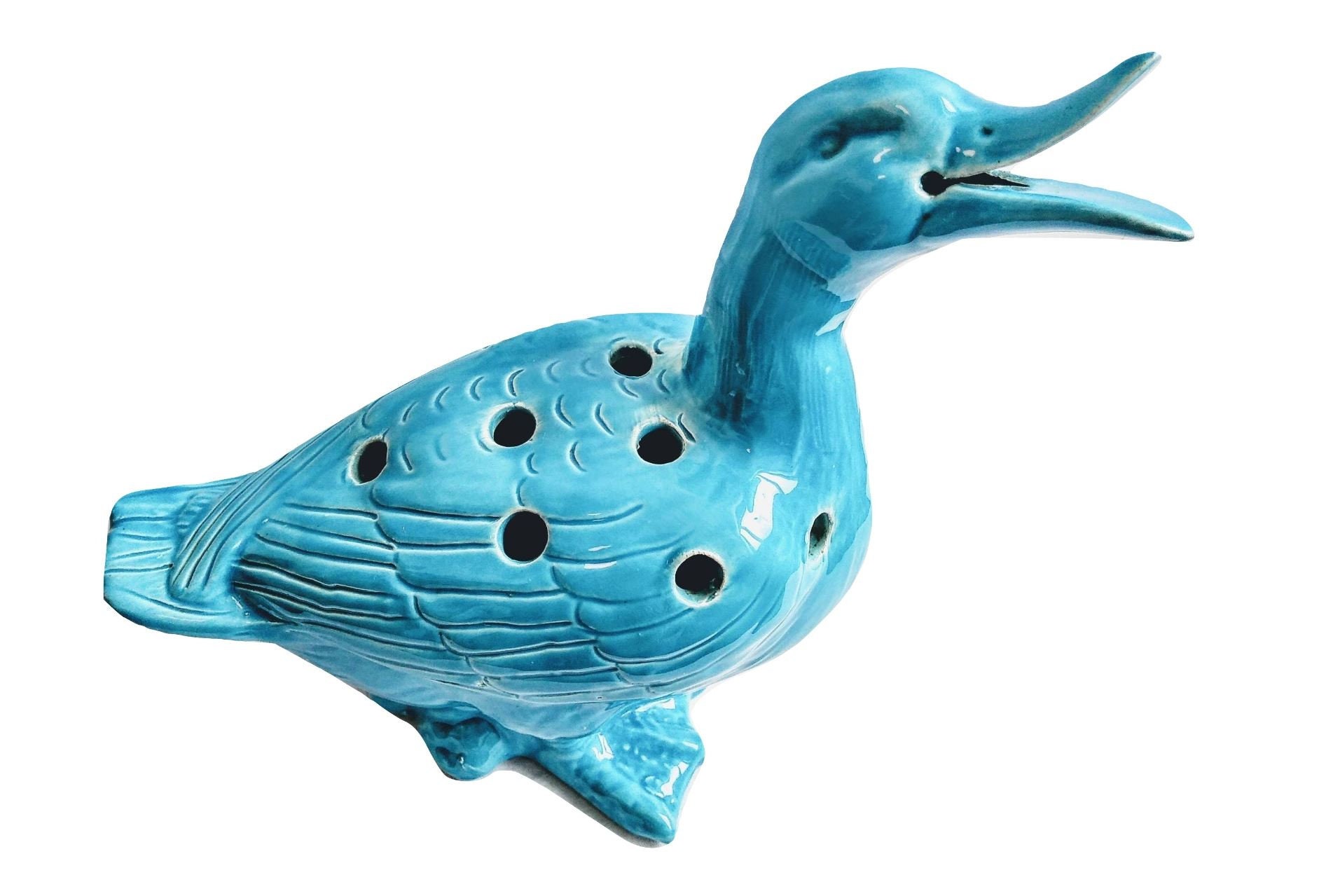 Vintage Chinois Aqua Blue Céramique Glacé Canard Fleur Grenouille Pot Range Display Manteau Vers Les