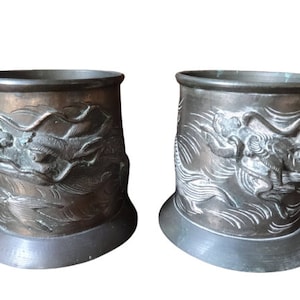 Antique Japanese Bronze Pot Pair Vase With Ornate Dragon Decor Storage Display Brush Pen Pencil circa 1900-1910&#39;s / EVE de France