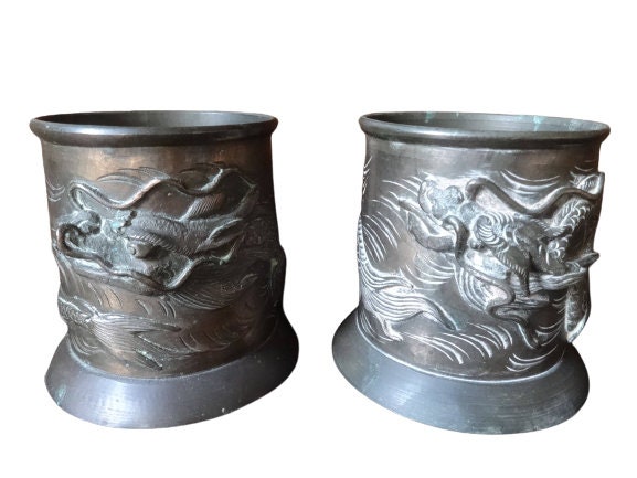 Antique Japonais Bronze Pot Paire Vase avec Ornate Dragon Decor Stockage Display Brush Pen Pencil Ci