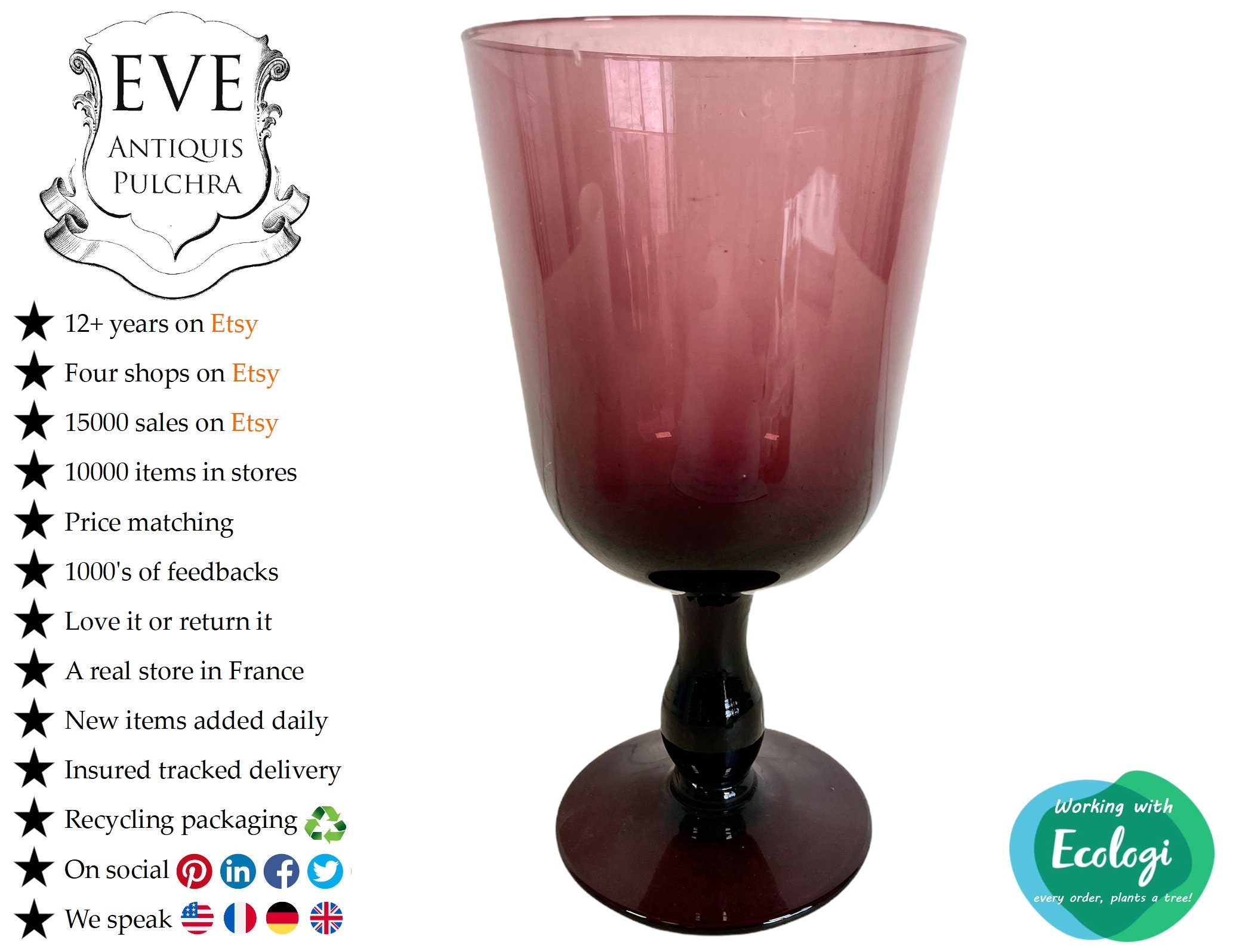 Vintage Français Purple Red Glass Wine Goblet Drinking Drink Cup Ceremony Display C1960's/Eve