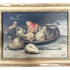 Vintage French Still Life Fruit Pears Framed Oil Painting On Wood Board Signed A Sortais circa 1920-40&#39;s / EVE