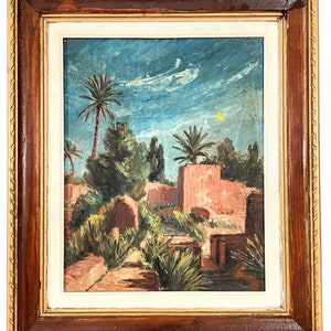 Vintage Moroccan Marrakech Houses Buildings Palm Trees Framed Acrylic Painting Wall Decor circa 1920-1940&#39;s / EVE
