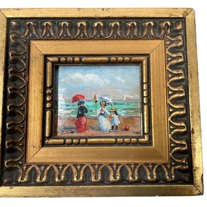 Antique French "Ladies At The Seaside" Sea Beach Boat Oil Painting On Card Framed Wall Decor Decoration c1900's / EVE
