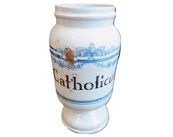 Ancien Français Catholicum bleu faïence poterie pharmacie apothicaire médical Pot Vase conteneur accessoire de rangement c1850 / EVE de France