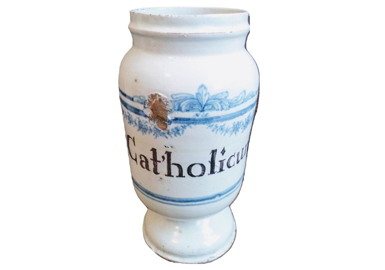 Antique Français Catholicum Blue White Faience Pottery Pharmacy Medical Apothecary Pot Vase Containe