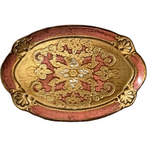 Vintage Italian Florentine Florence Pink Gold Wood Ornately Decorated Small Tiny Serving Tray Trivet Table Decoration c1970-80&#39;s / EVE