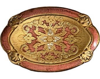 Vintage Italian Florentine Florence Pink Gold Wood Ornately Decorated Small Tiny Serving Tray Trivet Table Decoration c1970-80's / EVE